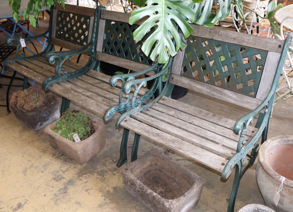 Three painted metal and wood garden elbow chairs, W.53cm, D.60cm, H.82cm